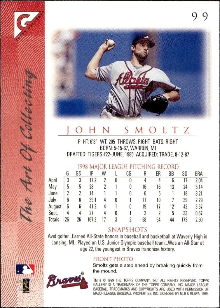 1999 Topps Gallery John Smoltz #99 baseball trading card back