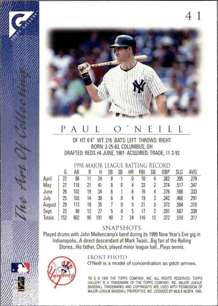 1999 Topps Gallery Paul O'Neill #41 baseball trading card back