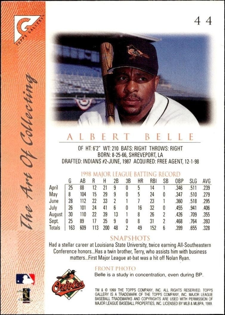 1999 Topps Gallery Albert Belle #44 baseball trading card back