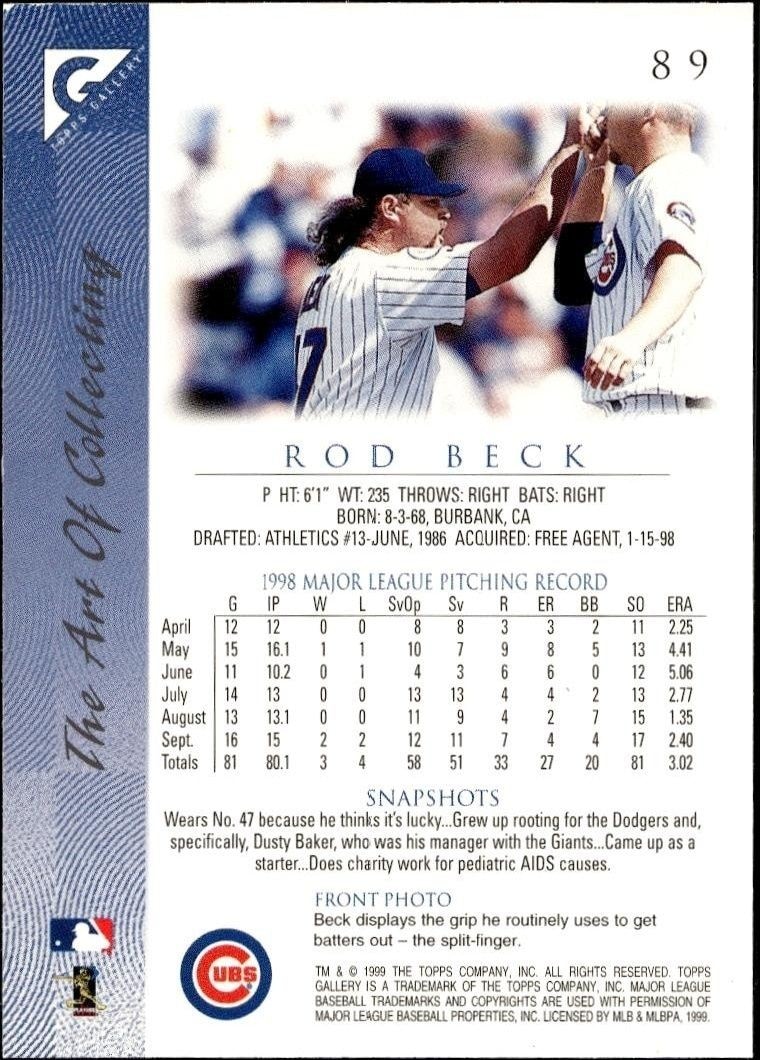 1999 Topps Gallery Rod Beck #89 baseball trading card back
