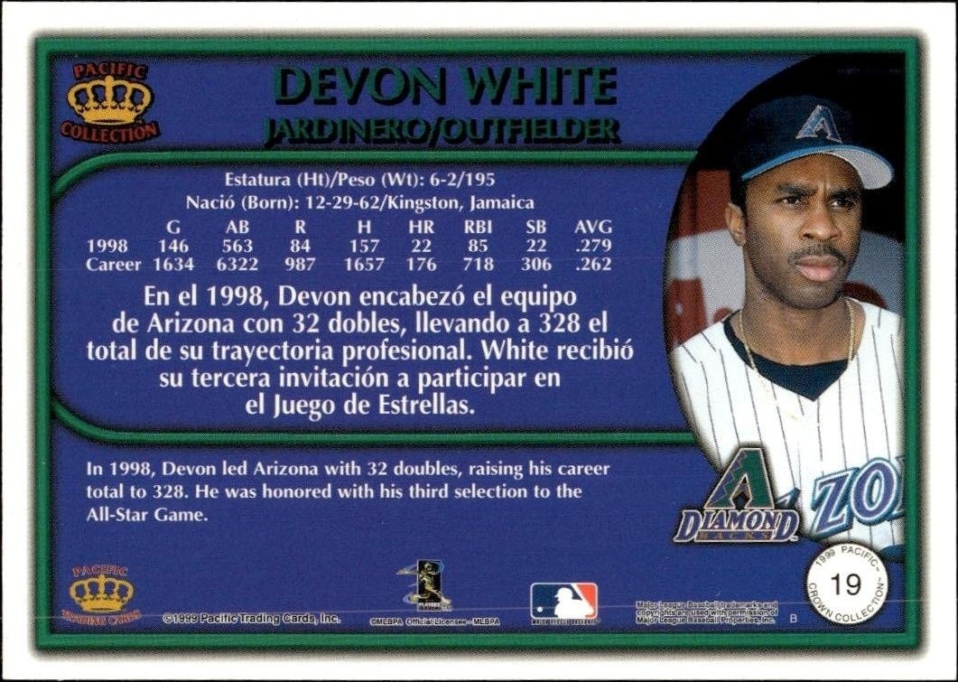 1999 Pacific Crown Collection Devon White #19 baseball trading card back