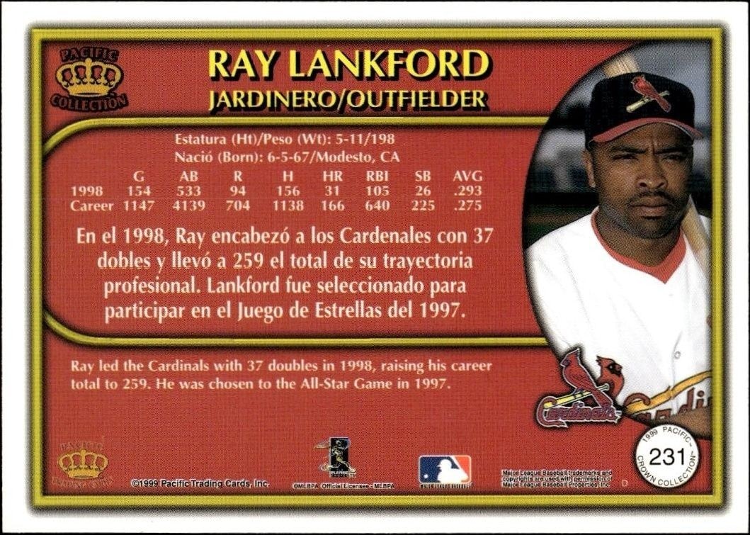 1999 Pacific Crown Collection Ray Lankford #231 baseball trading card back