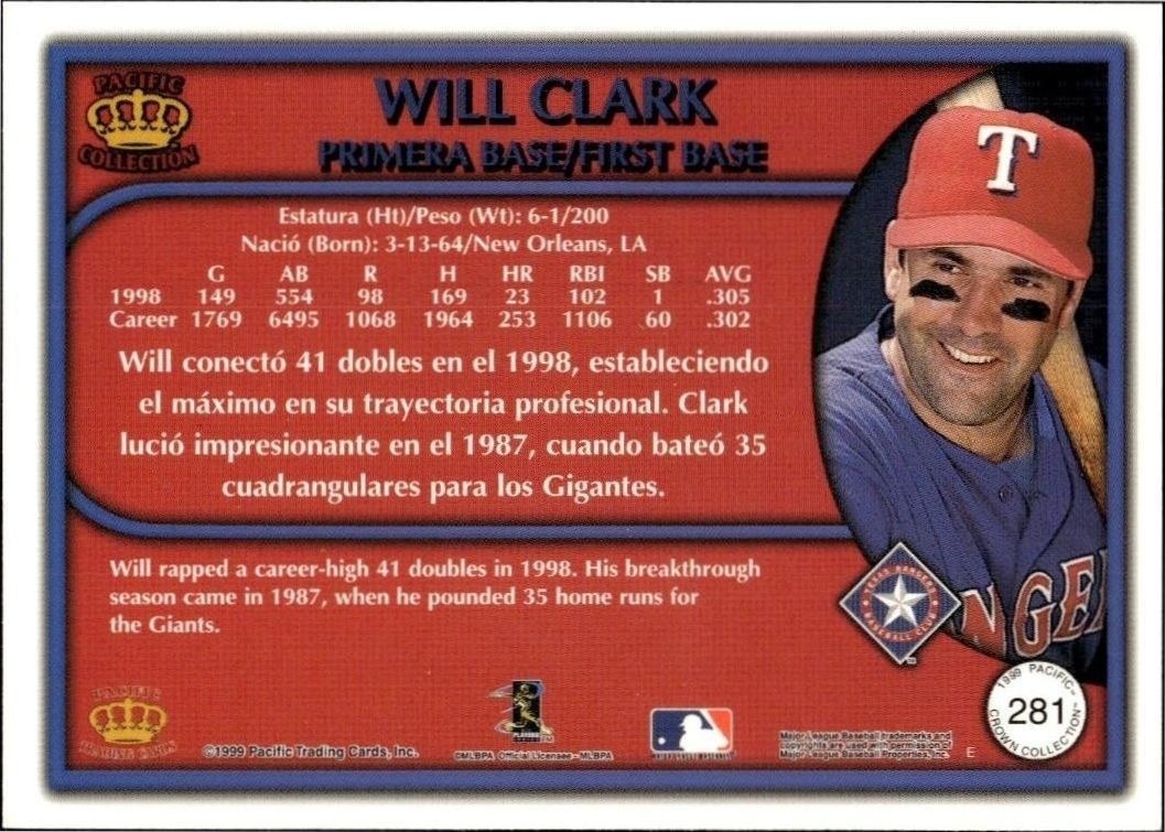 1999 Pacific Crown Collection Will Clark #281 baseball trading card back