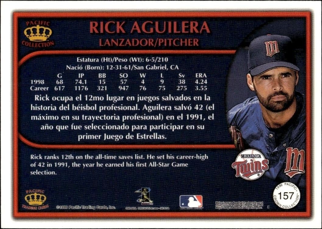 1999 Pacific Crown Collection Rick Aguilera #157 baseball trading card back