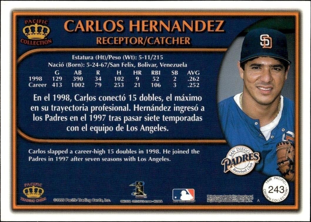 1999 Pacific Crown Collection Carlos Hernandez #243 baseball trading card back