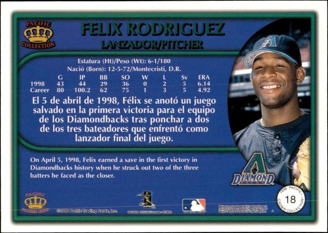1999 Pacific Crown Collection Felix Rodriguez #18 baseball trading card back