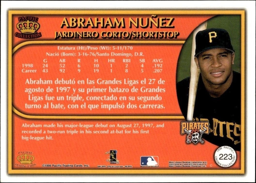 1999 Pacific Crown Collection Abraham Nunez #223 baseball trading card back