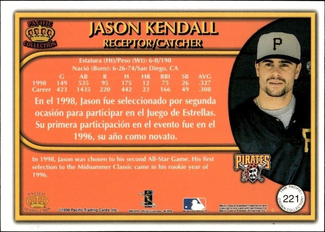 1999 Pacific Crown Collection Jason Kendall #221 baseball trading card back