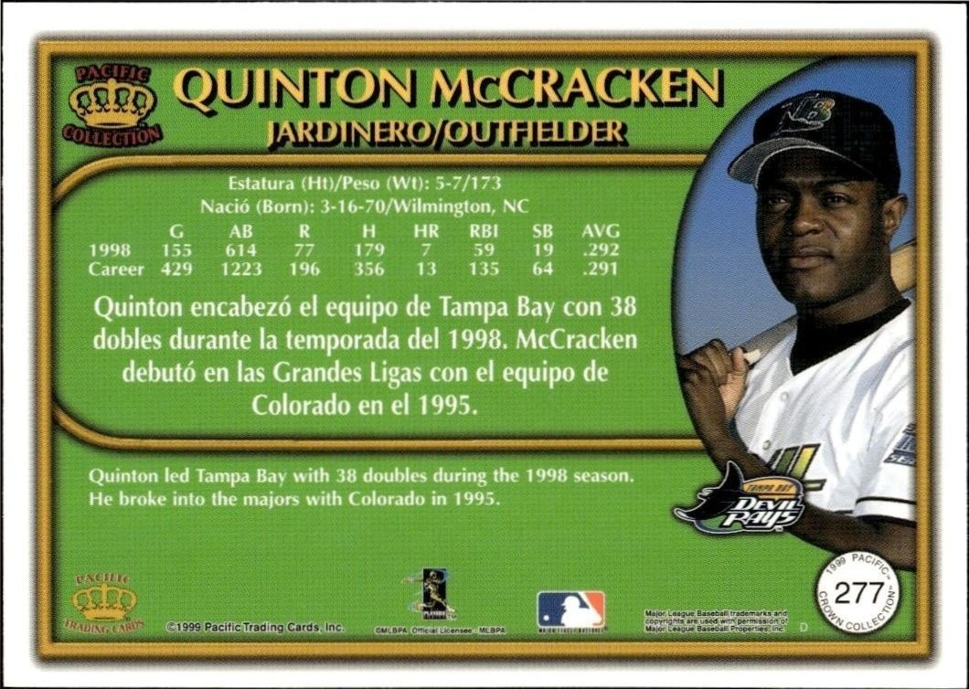 1999 Pacific Crown Collection Quinton McCracken #277 baseball trading card back