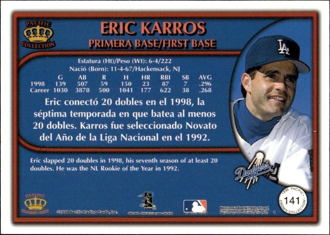 1999 Pacific Crown Collection Eric Karros #141 baseball trading card back
