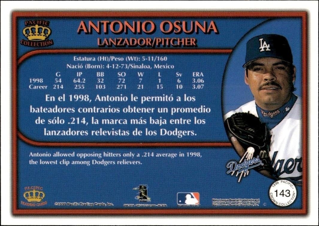 1999 Pacific Crown Collection Antonio Osuna #143 baseball trading card back