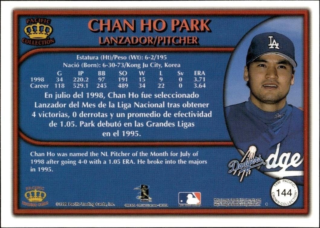 1999 Pacific Crown Collection Chan Ho Park #144 baseball trading card back