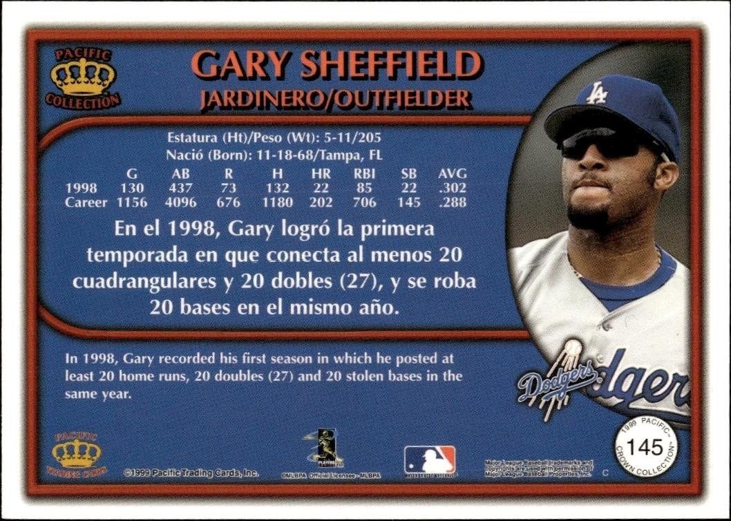 1999 Pacific Crown Collection Gary Sheffield #145 baseball trading card back