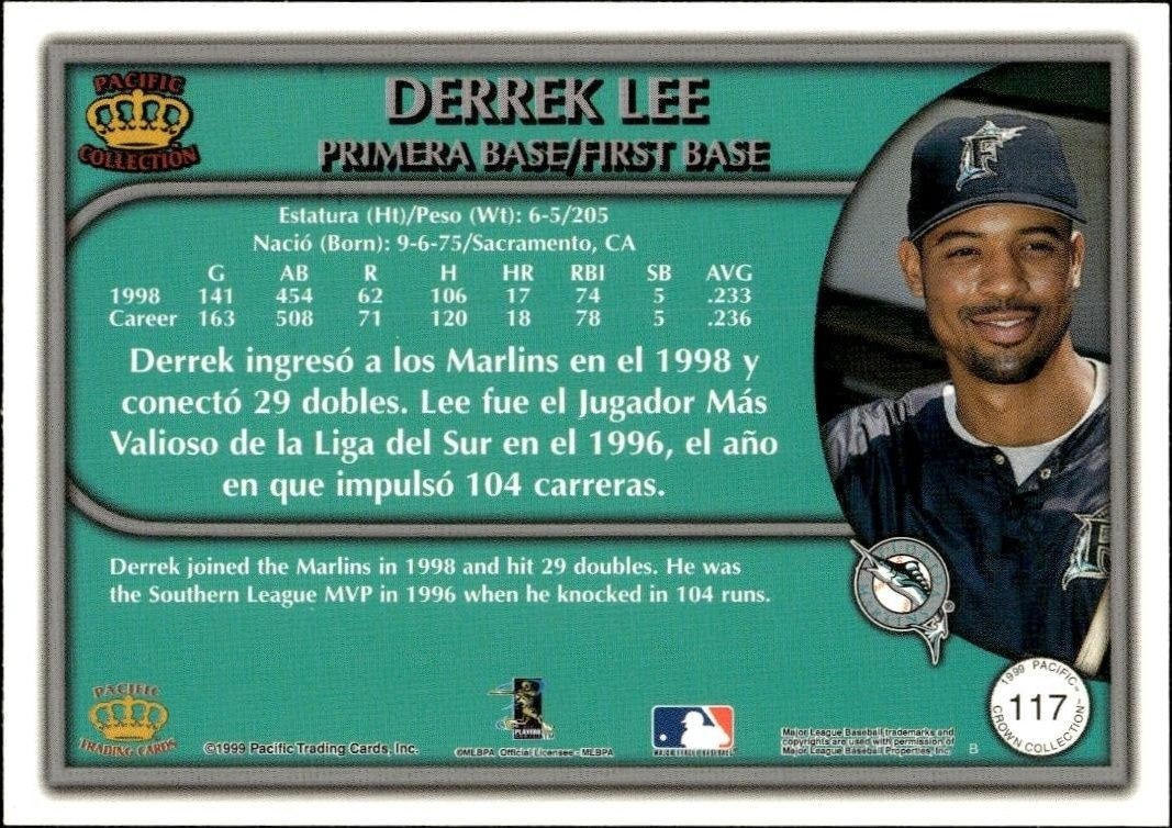 1999 Pacific Crown Collection Derrek Lee #117 baseball trading card back