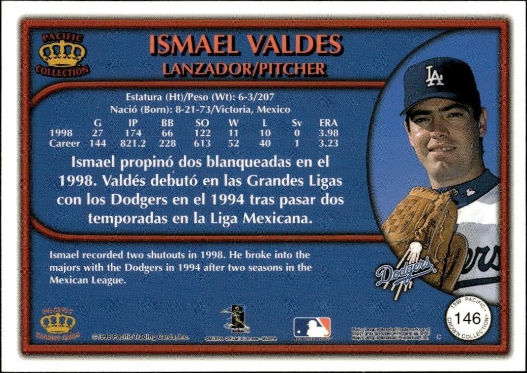 1999 Pacific Crown Collection Ismael Valdes #146 baseball trading card back