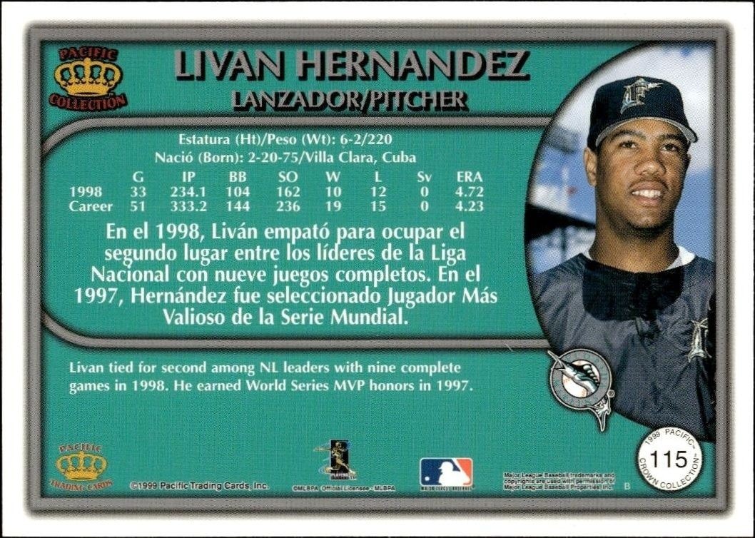 1999 Pacific Crown Collection Livan Hernandez #115 baseball trading card back