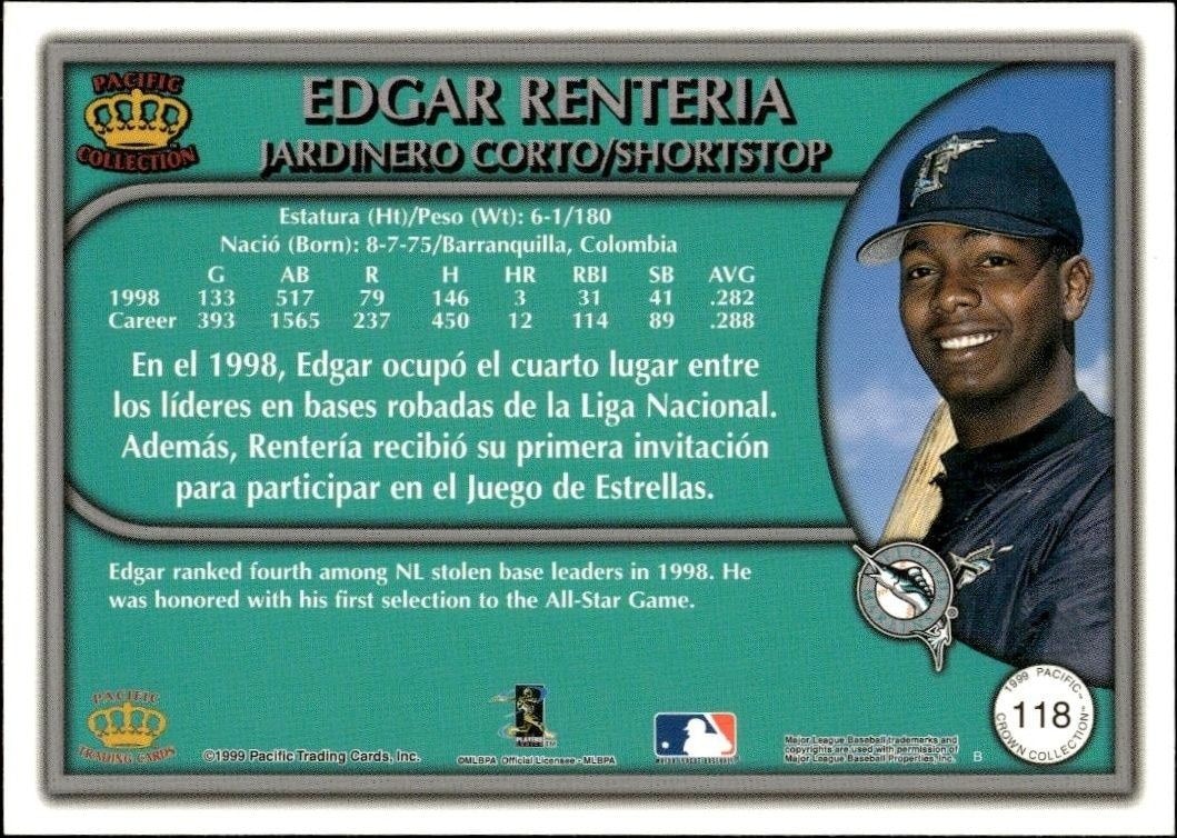 1999 Pacific Crown Collection Edgar Renteria #118 baseball trading card back