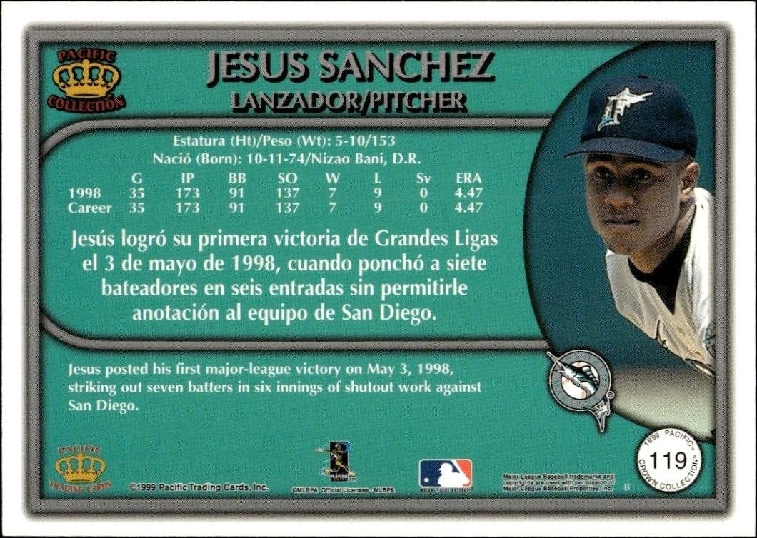 1999 Pacific Crown Collection Jesus Sanchez #119 baseball trading card back