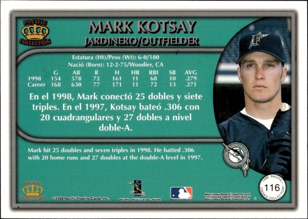 1999 Pacific Crown Collection Mark Kotsay #116 baseball trading card back