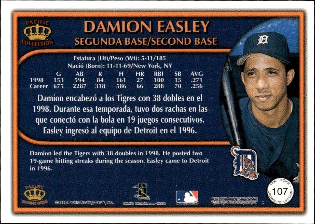 1999 Pacific Crown Collection Damion Easley #107 baseball trading card back