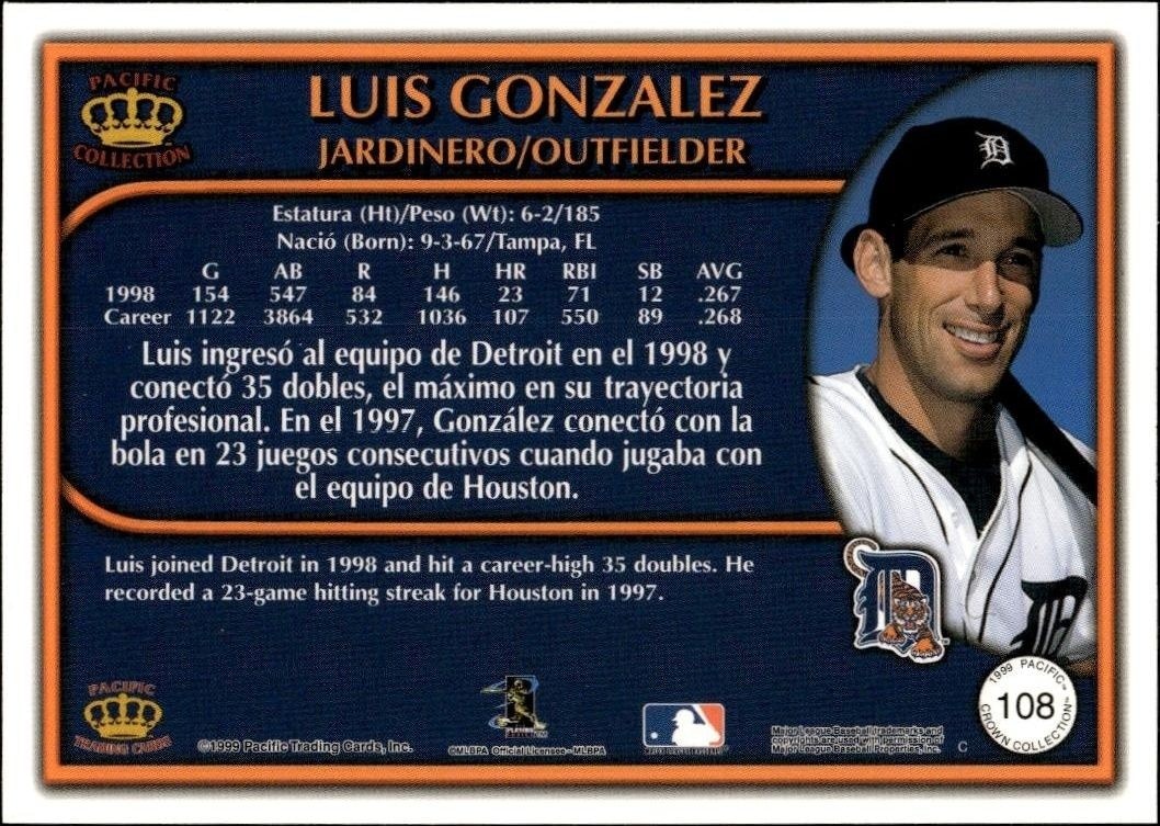 1999 Pacific Crown Collection Luis Gonzalez #108 baseball trading card back