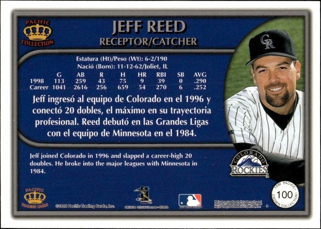 1999 Pacific Crown Collection Jeff Reed #100 baseball trading card back