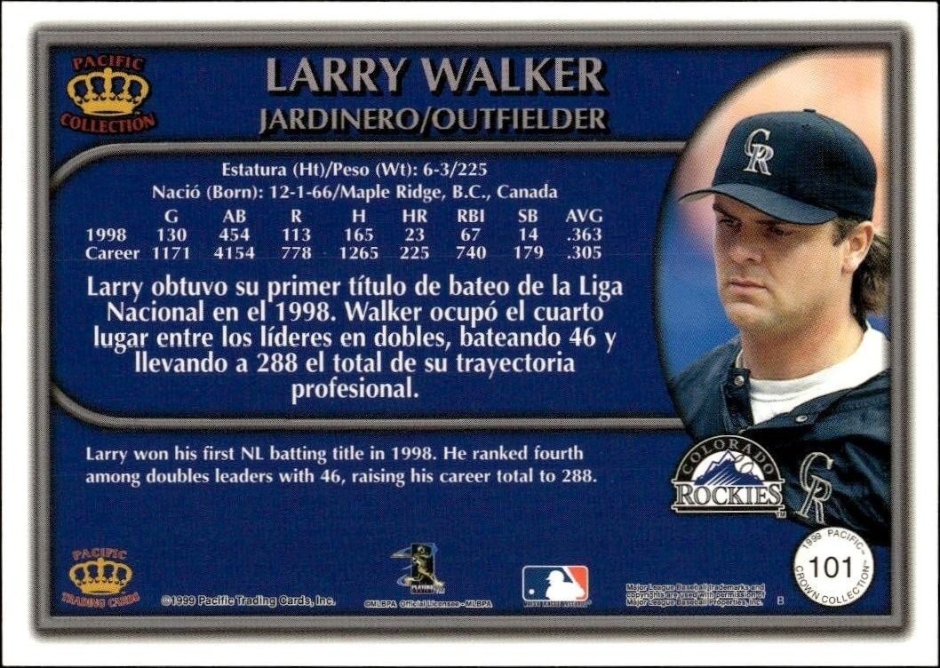 1999 Pacific Crown Collection Larry Walker #101 baseball trading card back