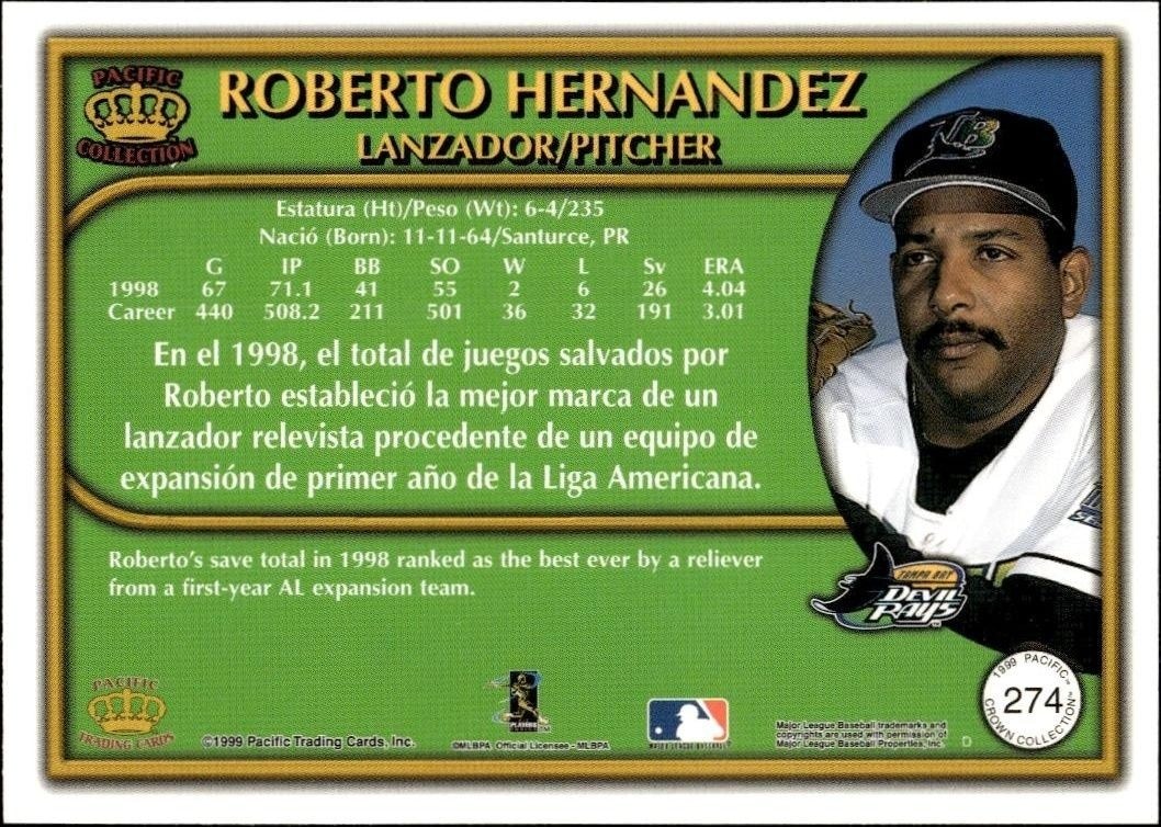 1999 Pacific Crown Collection Roberto Hernandez #274 baseball trading card back