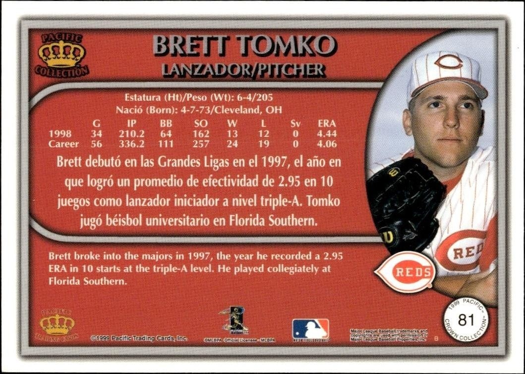 1999 Pacific Crown Collection Brett Tomko #81 baseball trading card back
