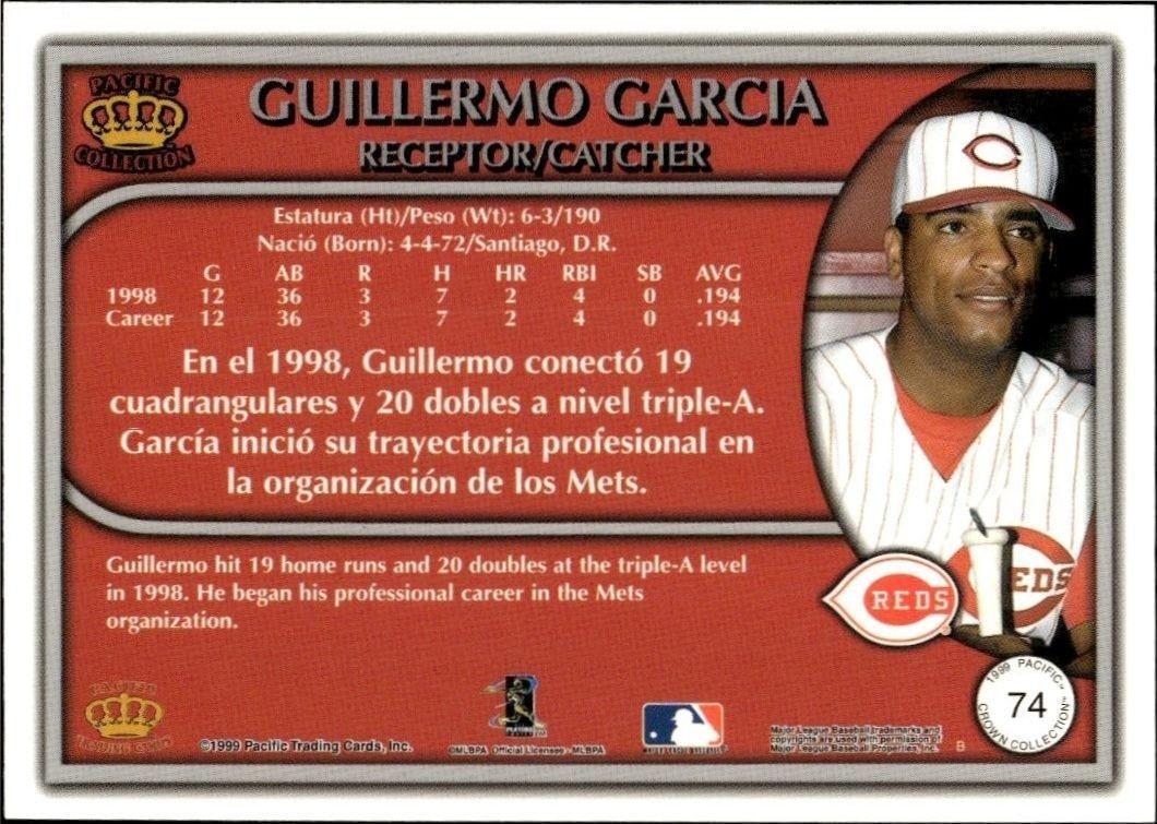 1999 Pacific Crown Collection Guillermo Garcia #74 baseball trading card back