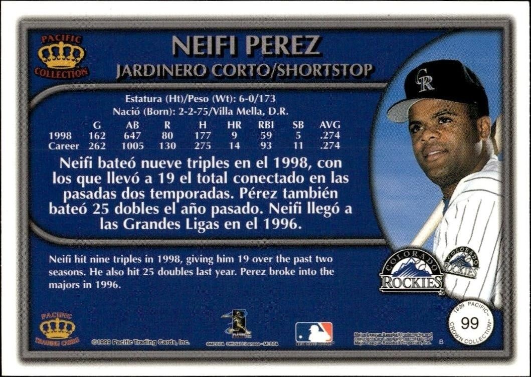 1999 Pacific Crown Collection Neifi Perez #99 baseball trading card back