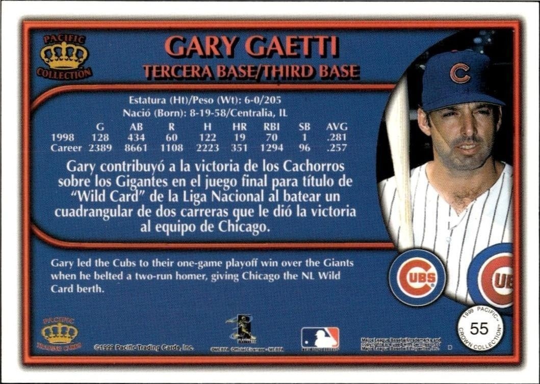 1999 Pacific Crown Collection Gary Gaetti #55 baseball trading card back