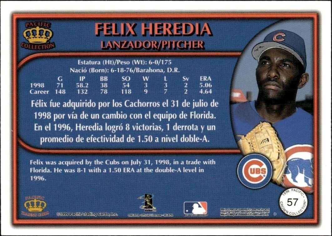 1999 Pacific Crown Collection Felix Heredia #57 baseball trading card back
