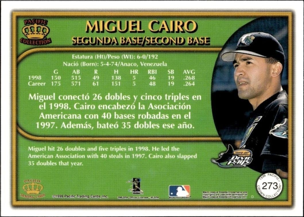 1999 Pacific Crown Collection Miguel Cairo #273 baseball trading card back