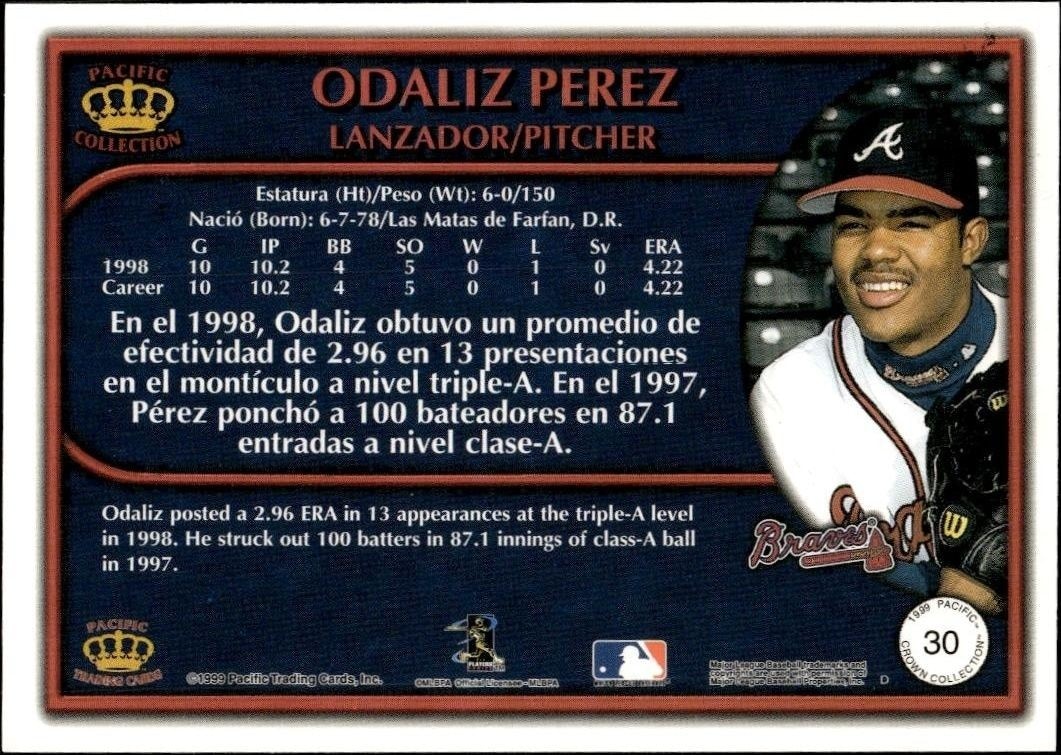 1999 Pacific Crown Collection Odalis Perez #30 baseball trading card back