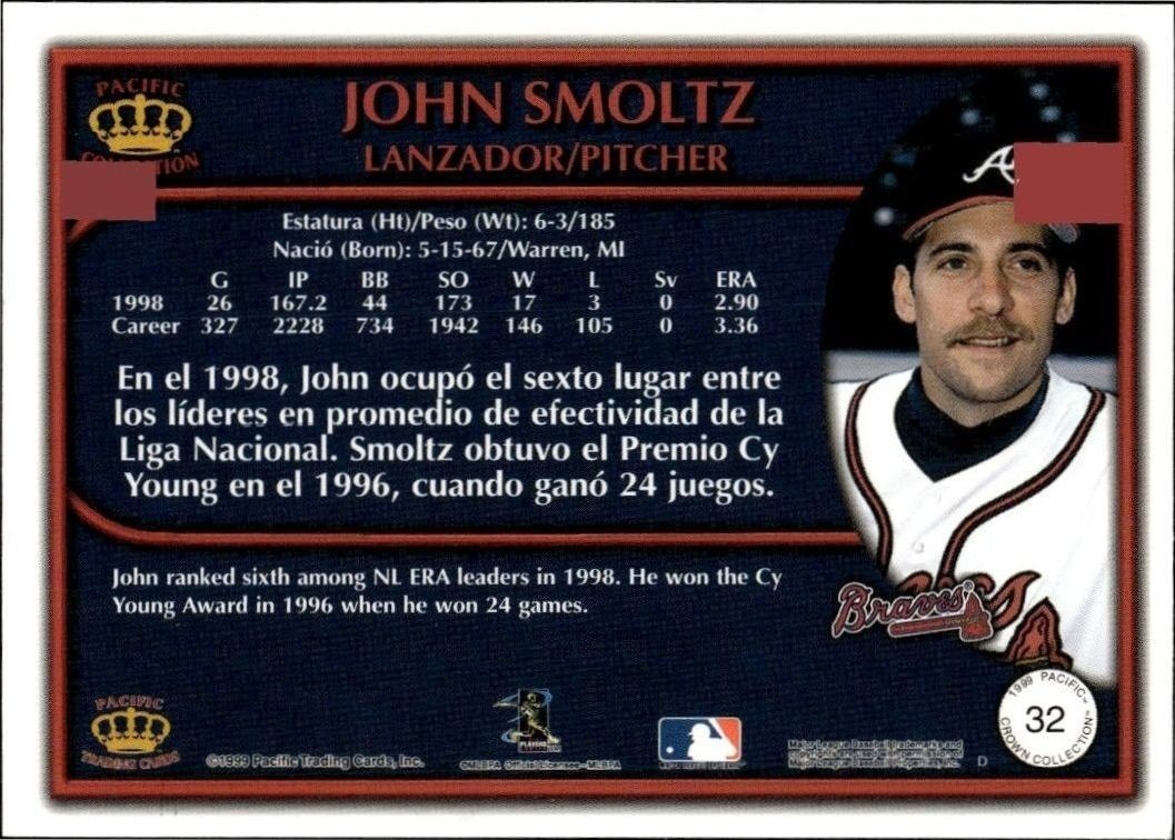 1999 Pacific Crown Collection John Smoltz #32 baseball trading card back