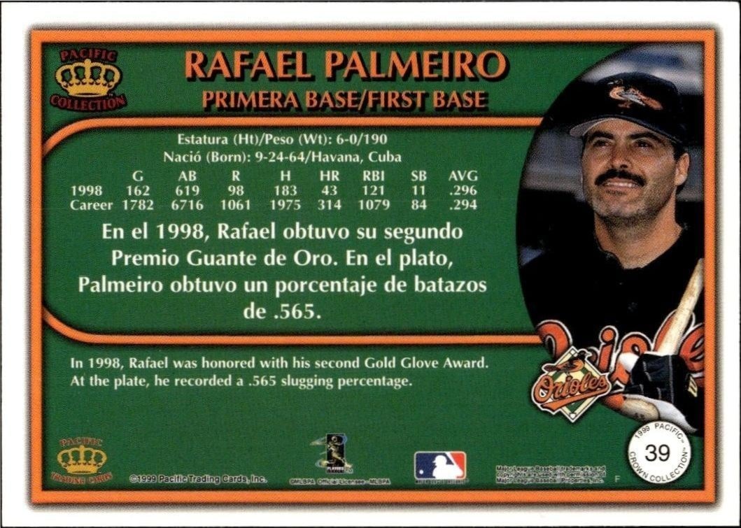 1999 Pacific Crown Collection Rafael Palmeiro #39 baseball trading card back