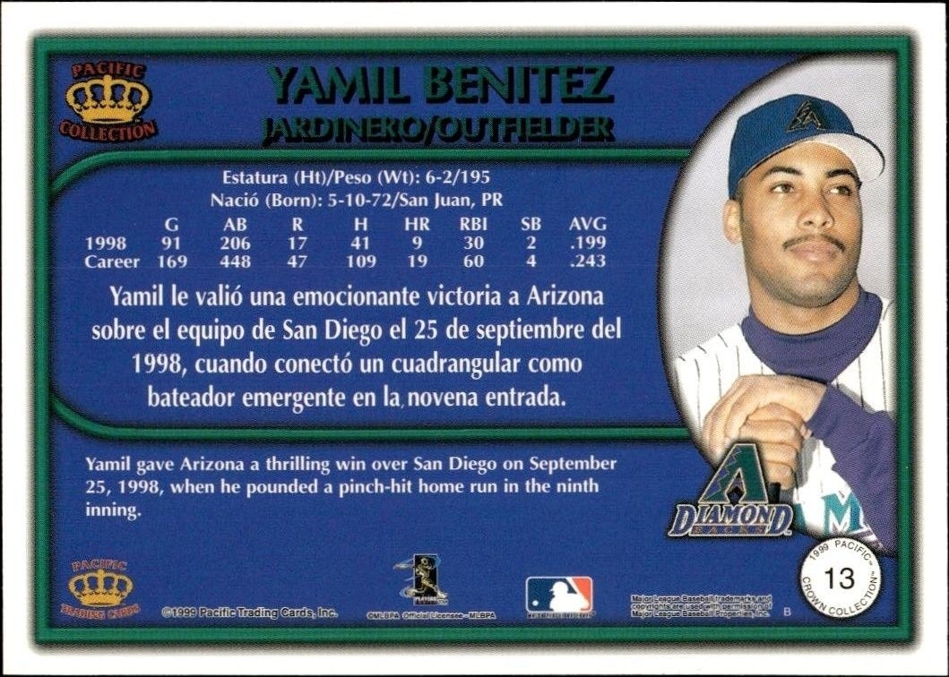 1999 Pacific Crown Collection Yamil Benitez #13 baseball trading card back