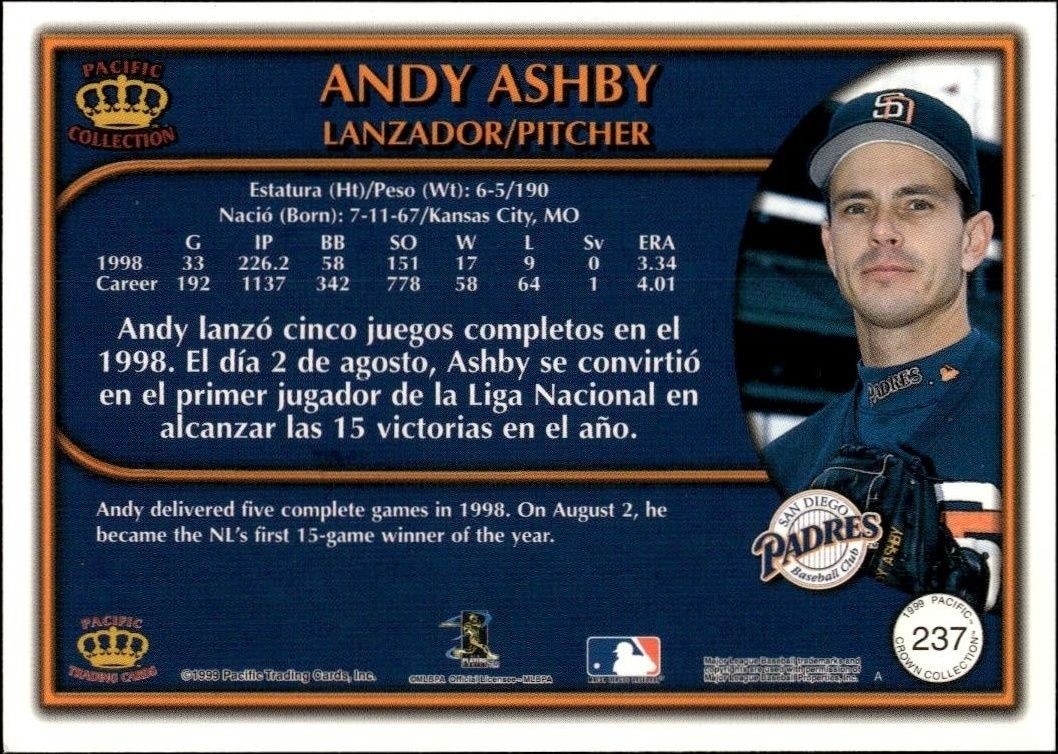 1999 Pacific Crown Collection Andy Ashby #237 baseball trading card back