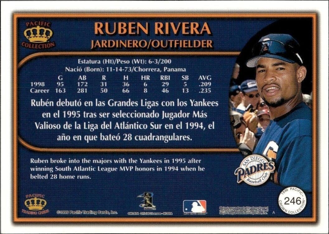 1999 Pacific Crown Collection Ruben Rivera #246 baseball trading card back