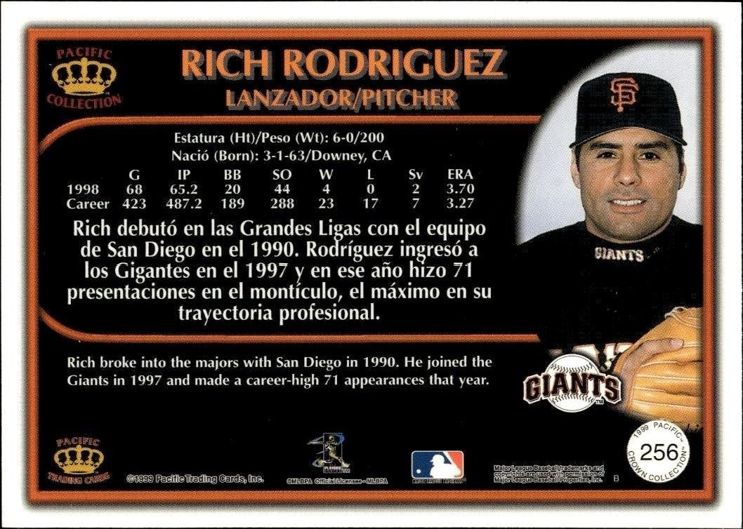 1999 Pacific Crown Collection Rich Rodriguez #256 baseball trading card back