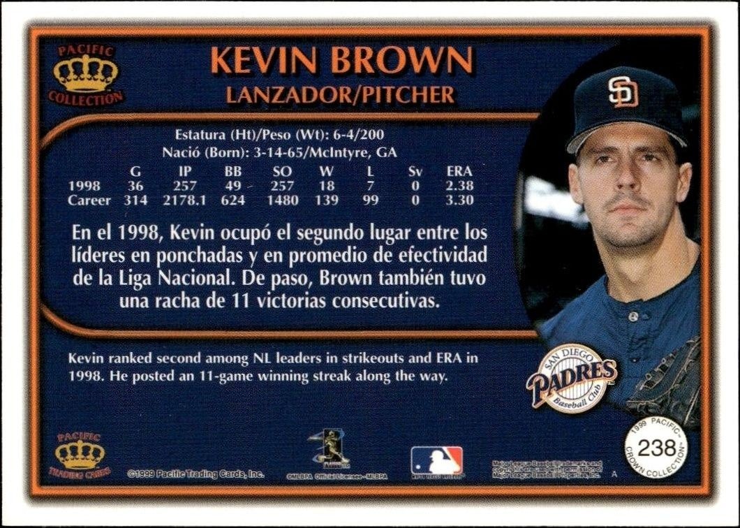 1999 Pacific Crown Collection Kevin Brown #238 baseball trading card back