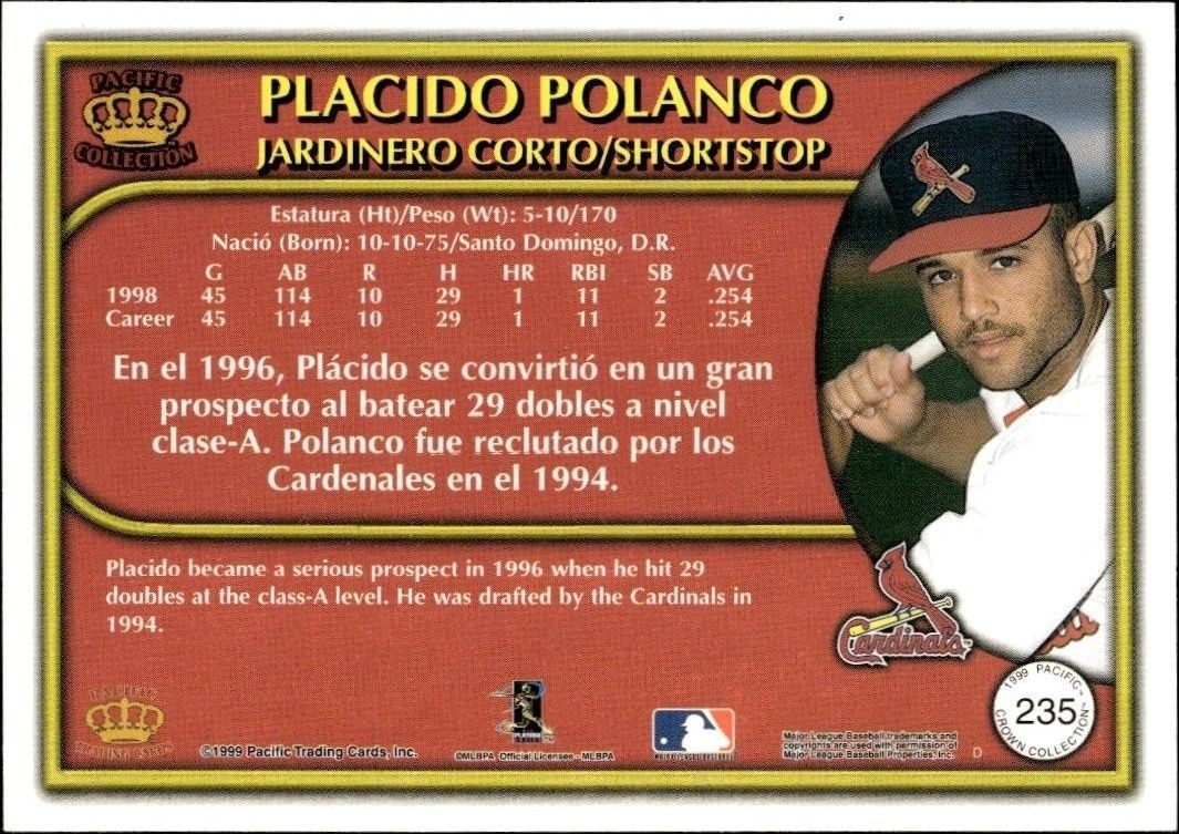 1999 Pacific Crown Collection Placido Polanco #235 baseball trading card back