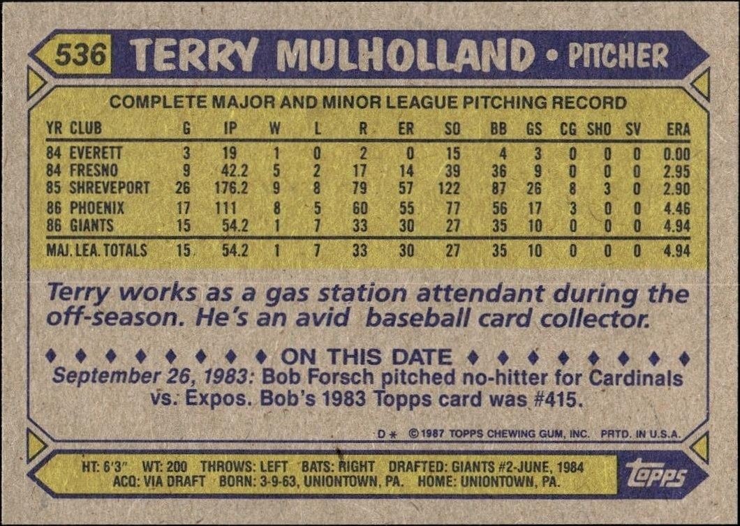 1987 Topps Terry Mulholland #536 baseball trading card back