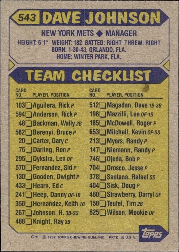 1987 Topps Dave Johnson #543 baseball trading card back