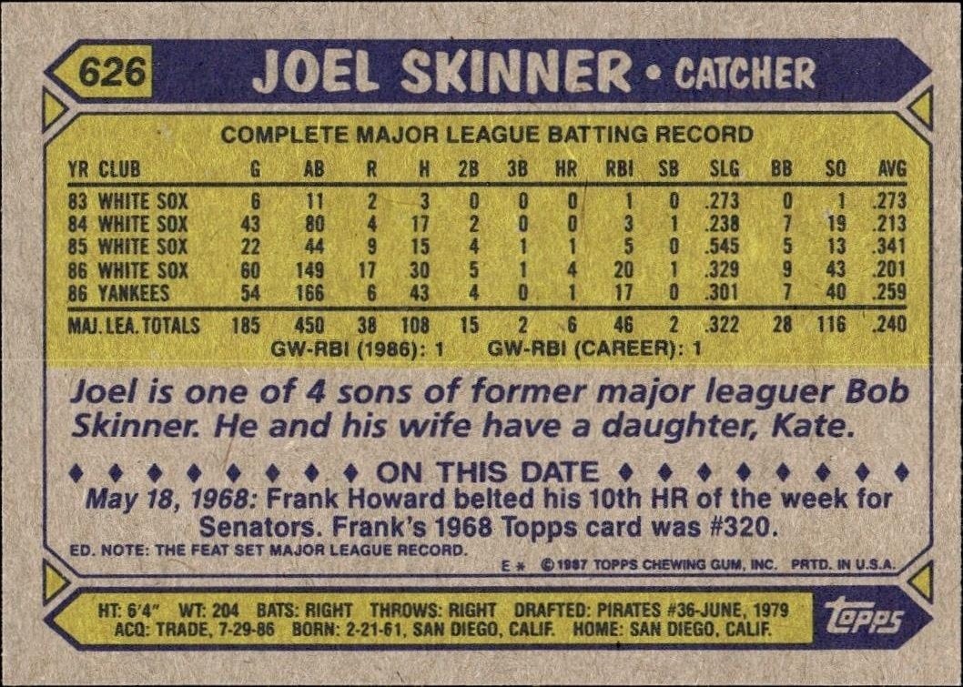 1987 Topps Joel Skinner #626 baseball trading card back