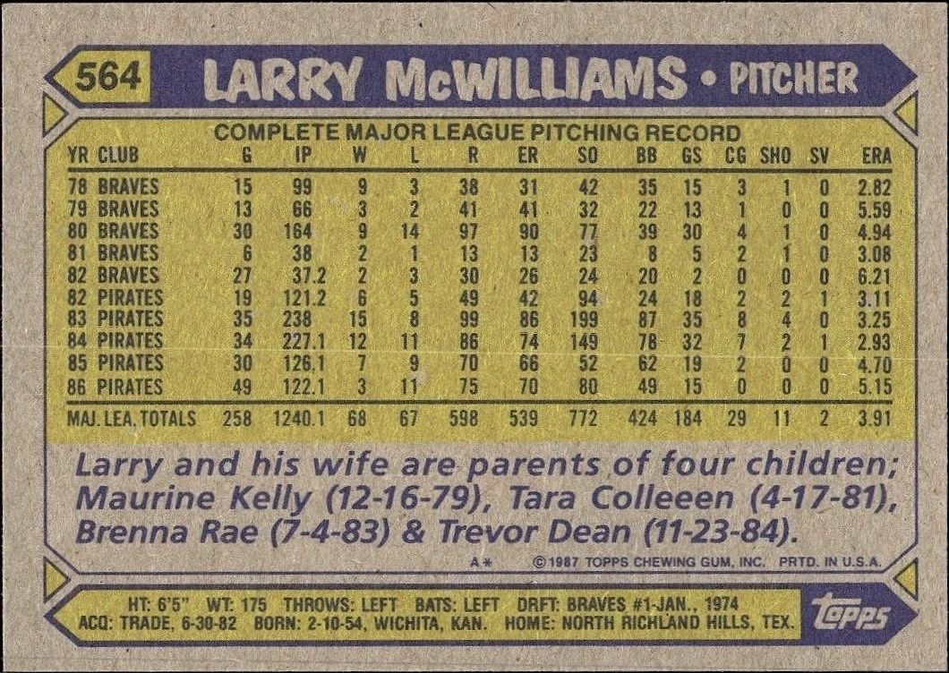 1987 Topps Larry McWilliams #564 baseball trading card back