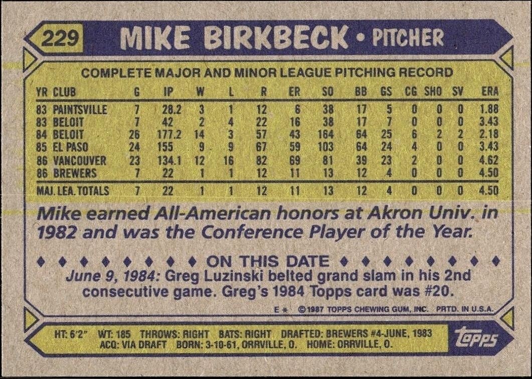1987 Topps Mike Birkbeck #229 baseball trading card back