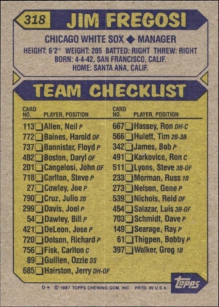 1987 Topps Jim Fregosi #318 baseball trading card back