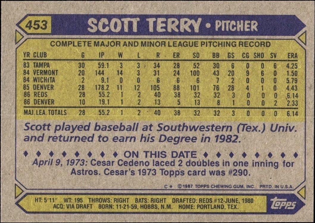 1987 Topps Scott Terry #453 baseball trading card back